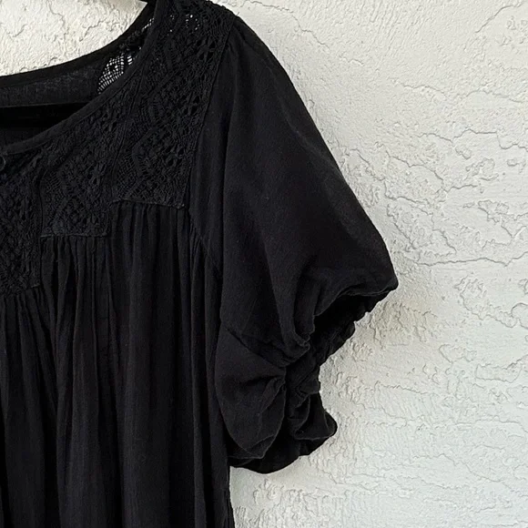 Free People Dress Tunic Small Boho Gauze Puff Sleeve Black Lace Trim - Picture 8 of 9